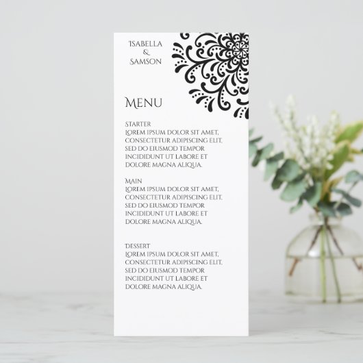 Whimsical Zwart-wit Bloeiende Bruiloft Menu (Staand voorkant)