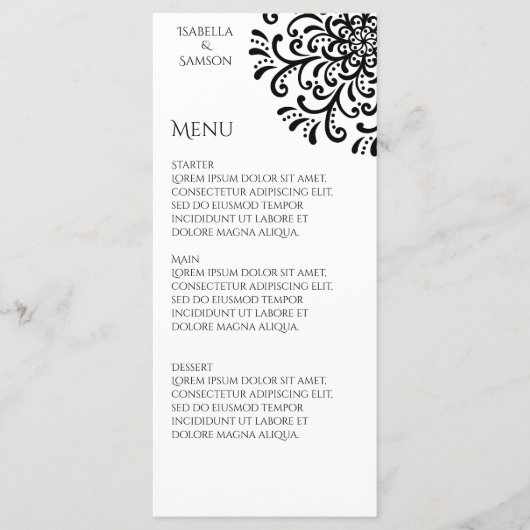 Whimsical Zwart-wit Bloeiende Bruiloft Menu (Voorkant)