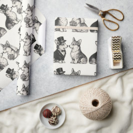 Whimsical Zwart & Wit  Corgi Wedding Cadeaupapier