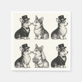Whimsical Zwart & Wit  Corgi Wedding Servet