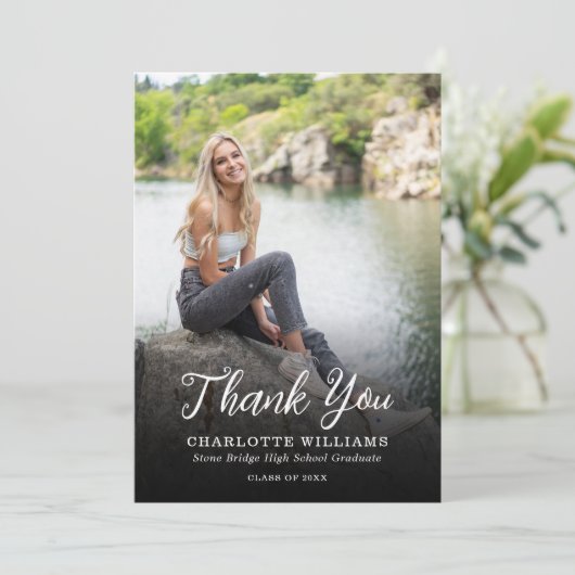 Whimsical Zwart Wit Foto Afstuderen Bedankkaart (Staand voorkant)