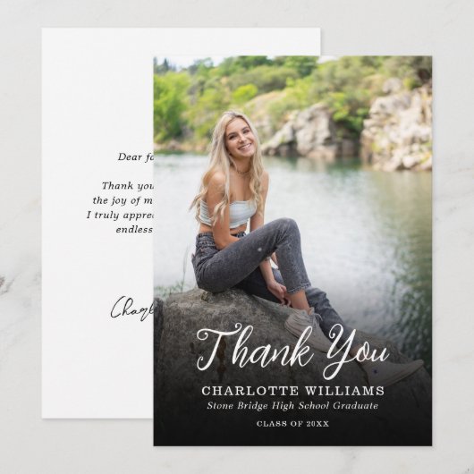 Whimsical Zwart Wit Foto Afstuderen Bedankkaart (Voorkant / Achterkant)