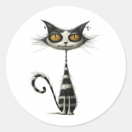 Whimsical Zwart Wit Gestreepte Kat Illustratie Ronde Sticker (Voorkant)
