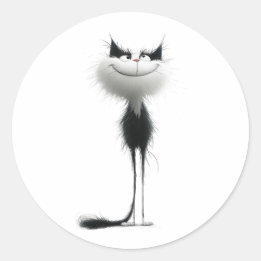Whimsical Zwart Wit Grinning Cat Illustratie Ronde Sticker