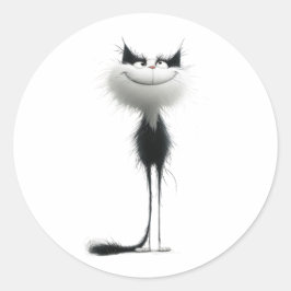 Whimsical Zwart Wit Grinning Cat Illustratie Ronde Sticker