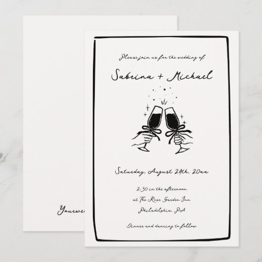 Whimsical zwart-wit Hand getrokken glazen bruiloft Kaart (Voorkant / Achterkant)