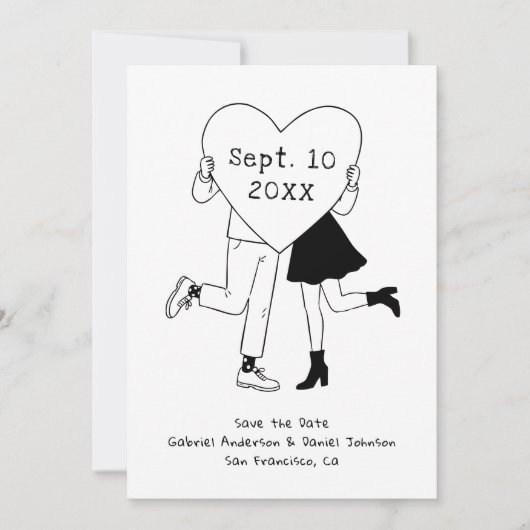 Whimsical zwart-wit huwelijk. Handgetekende Doodle Save The Date (Voorkant)