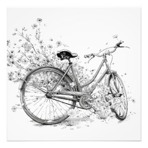 Whimsical Zwart Witte Fiets Bloem Tekening Foto Afdruk