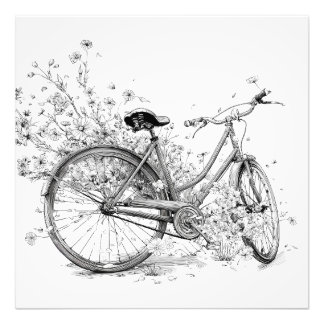 Whimsical Zwart Witte Fiets Bloem Tekening Foto Afdruk