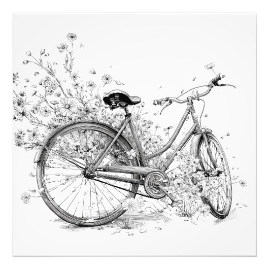 Whimsical Zwart Witte Fiets Bloem Tekening Foto Afdruk (Voorkant)