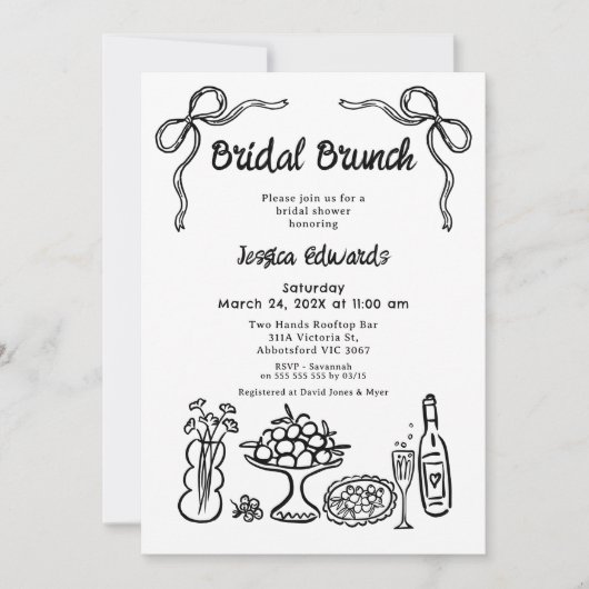 Whimsical Zwarte Hand Getrokken Bruids Brunch Douc Kaart (Voorkant)