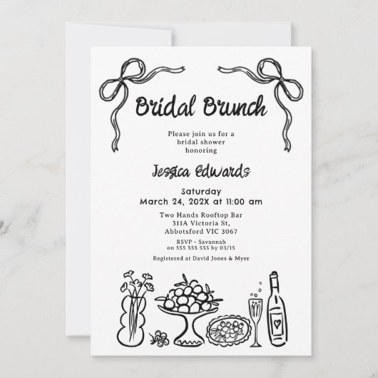 Whimsical Zwarte Hand Getrokken Bruids Brunch Douc Kaart (Voorkant)