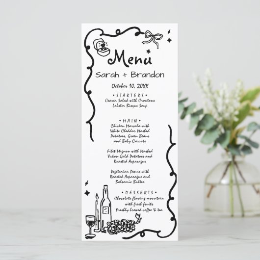 Whimsical Zwarte Hand getrokken bruiloft Menu (Staand voorkant)