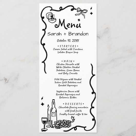Whimsical Zwarte Hand getrokken bruiloft Menu (Voorkant)