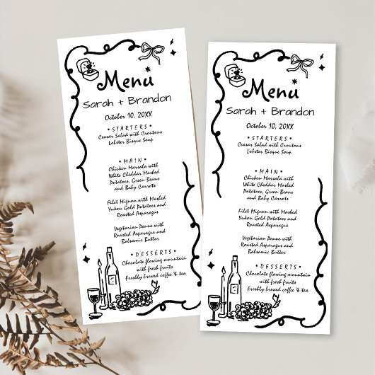 Whimsical Zwarte Hand getrokken bruiloft Menu