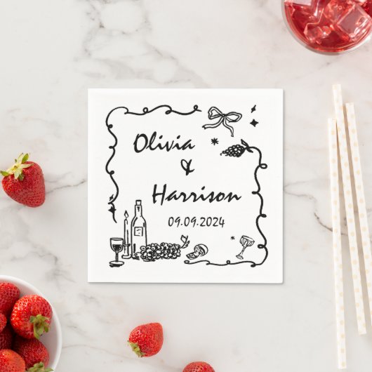 Whimsical Zwarte Hand getrokken bruiloft Servet (Insitu)