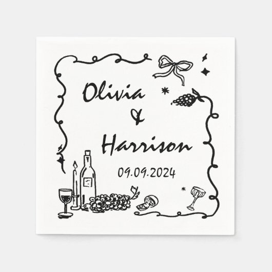 Whimsical Zwarte Hand getrokken bruiloft Servet (Voorkant)