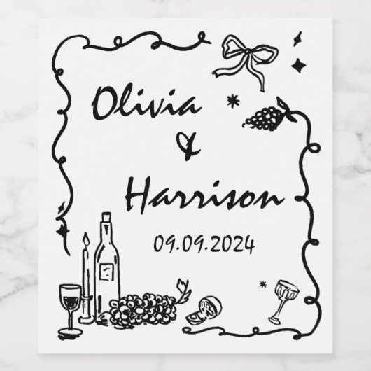 Whimsical Zwarte Hand getrokken bruiloft Wijn Etiket (Enkel label)