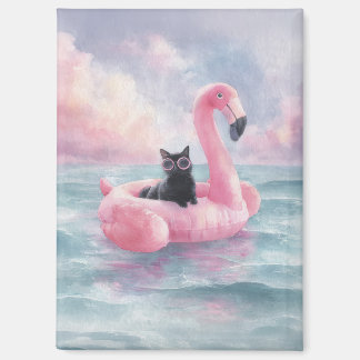 Whimsical Zwarte Kat Flamingo Float Magneet