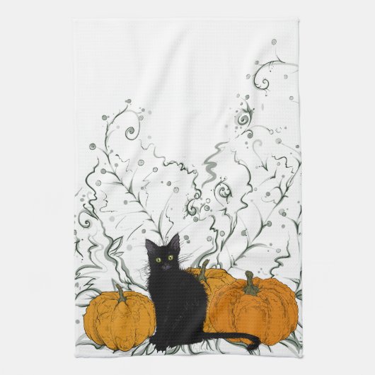 Whimsical Zwarte Kat Halloween Theedoek (Verticaal)
