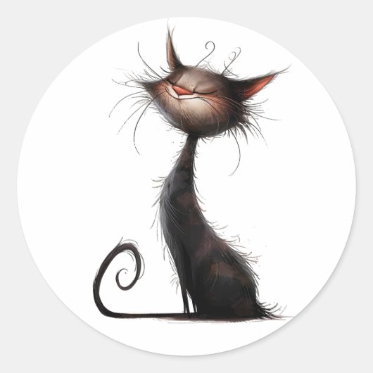Whimsical Zwarte Kat Illustratie Ronde Sticker (Voorkant)