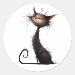 Whimsical Zwarte Kat Illustratie Ronde Sticker