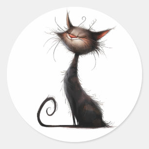 Whimsical Zwarte Kat Illustratie Ronde Sticker