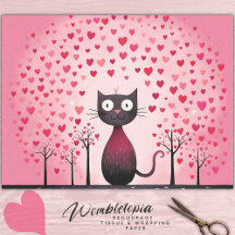 Whimsical zwarte kat met roze liefde hart decoupag