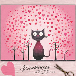 Whimsical zwarte kat met roze liefde hart decoupag tissuepapier