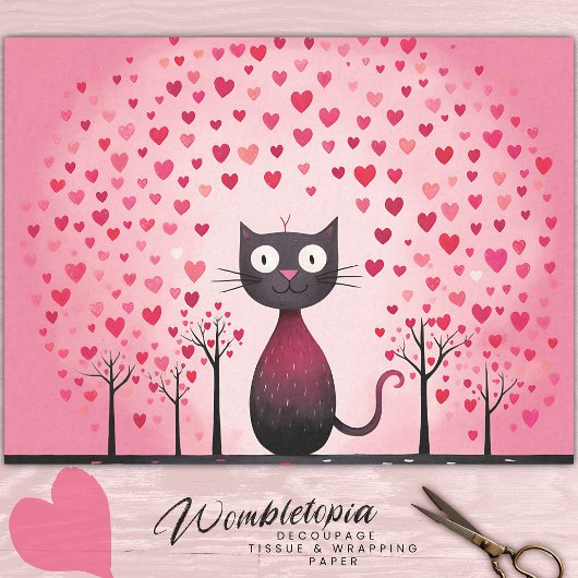 Whimsical zwarte kat met roze liefde hart decoupag tissuepapier