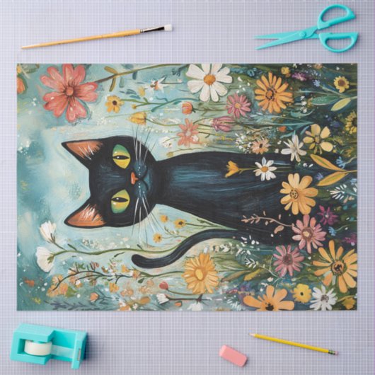 Whimsical Zwarte Kat met Wildflowers Decoupage Tissuepapier (Craft)
