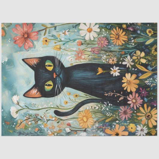 Whimsical Zwarte Kat met Wildflowers Decoupage Tissuepapier (Voorkant)