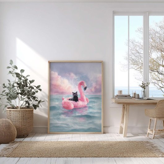 Whimsical Zwarte Kat Strandprint: Flamingo Float Poster