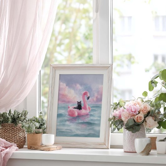 Whimsical Zwarte Kat Strandprint: Flamingo Float Poster