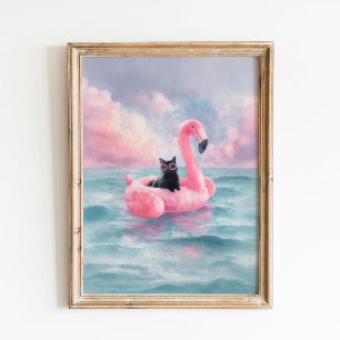 Whimsical Zwarte Kat Strandprint: Flamingo Float Poster