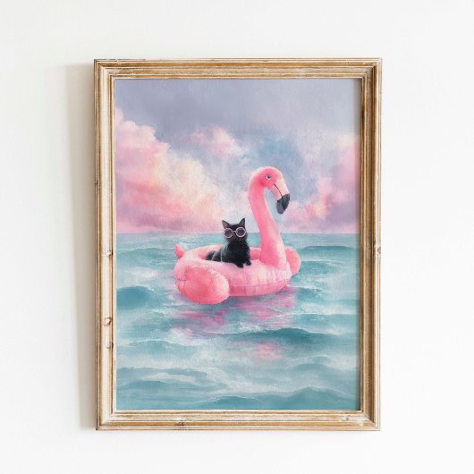 Whimsical Zwarte Kat Strandprint: Flamingo Float Poster
