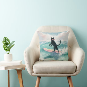 Whimsical Zwarte Kat Surfen Strand Kussen