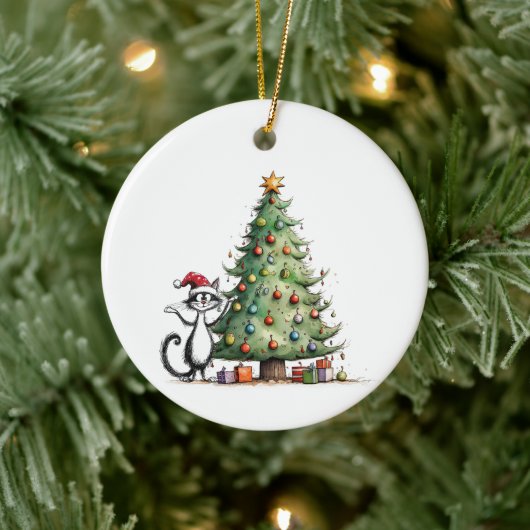 Whimsical Zwarte Tuxedo Kat met Kerstboom Keramisch Ornament (Boom)