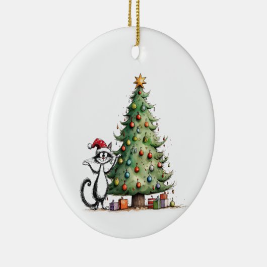 Whimsical Zwarte Tuxedo Kat met Kerstboom Keramisch Ornament (Rechts)