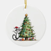 Whimsical Zwarte Tuxedo Kat met Kerstboom Keramisch Ornament (Voorkant)