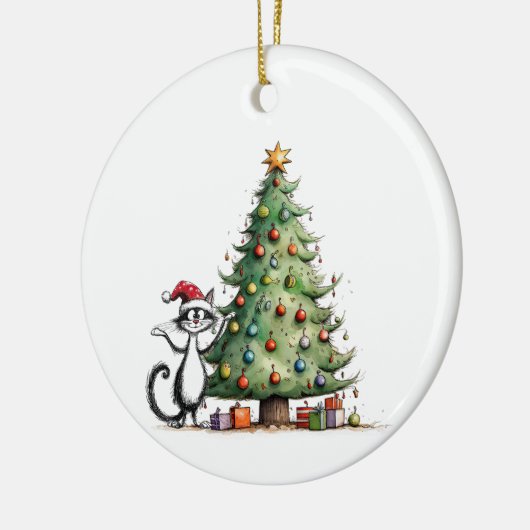 Whimsical Zwarte Tuxedo Kat met Kerstboom Keramisch Ornament (Links)