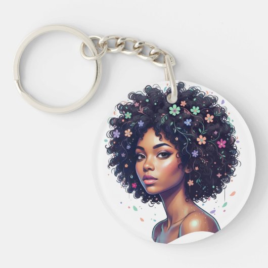 Whimsical zwarte vrouw met bloemversierde afro sleutelhanger (Voorkant)