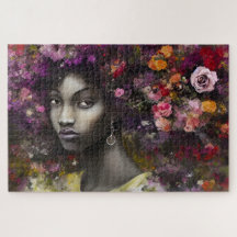Whimsical Zwarte vrouw Portret met Bloemen Haar
