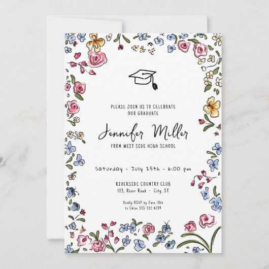 Whimsicalblooms hand getrokken Graduation Party Fo Feestdagenkaart (Voorkant)