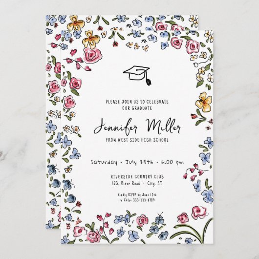 Whimsicalblooms hand getrokken Graduation Party Fo Feestdagenkaart (Voorkant / Achterkant)