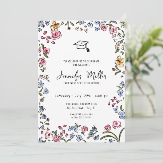 Whimsicalblooms hand getrokken Graduation Party Fo Feestdagenkaart (Staand voorkant)
