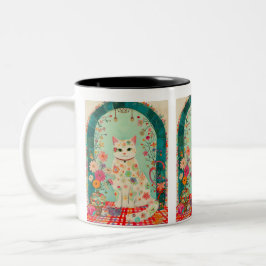 Whimsicale bloemenweide kat kunst tweekleurige koffiemok