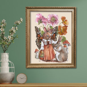 Whimsicale Bunnerfly en Konijn Watercolor Kunst Poster