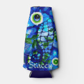 Whimsicale Grote-Ogen Zeepaard Kunst Blauw Geperso Flesjeskoeler (Voorkant)