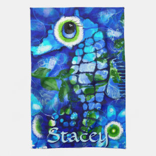 Whimsicale Grote-Ogen Zeepaard Kunst Blauw Geperso Theedoek